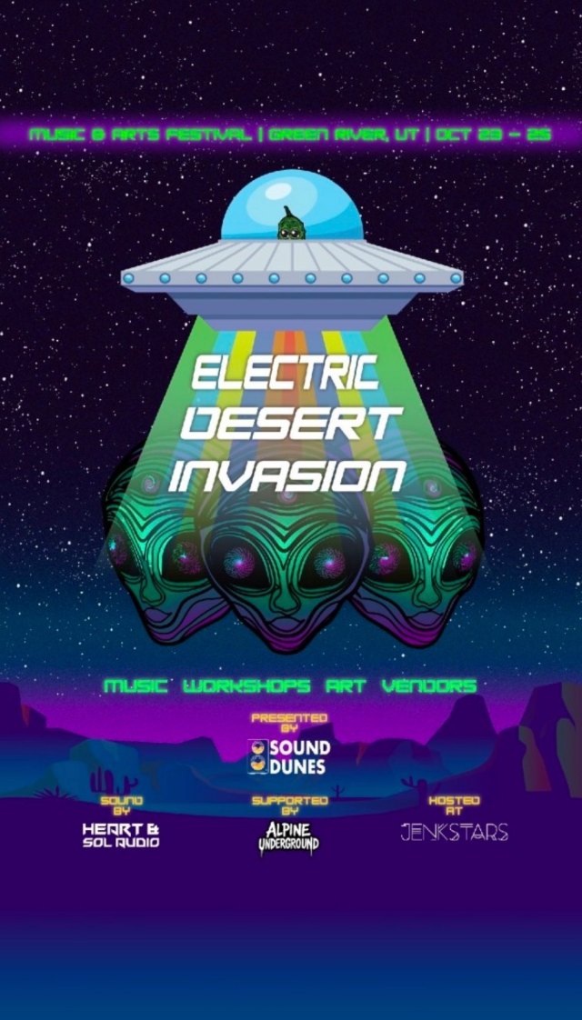 Electric Desert Invasion poster: a UFO beams a rainbow of light down onto three alien faces above a night desert horizon